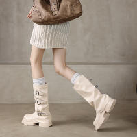 Botas De Caballero Pliegues Con Hebilla Para Mujer Marrón De Cuero PU Botines De Media Pantorrilla Slip-On Tacón Grueso Botas De Montar Mujer 2024 - details 3