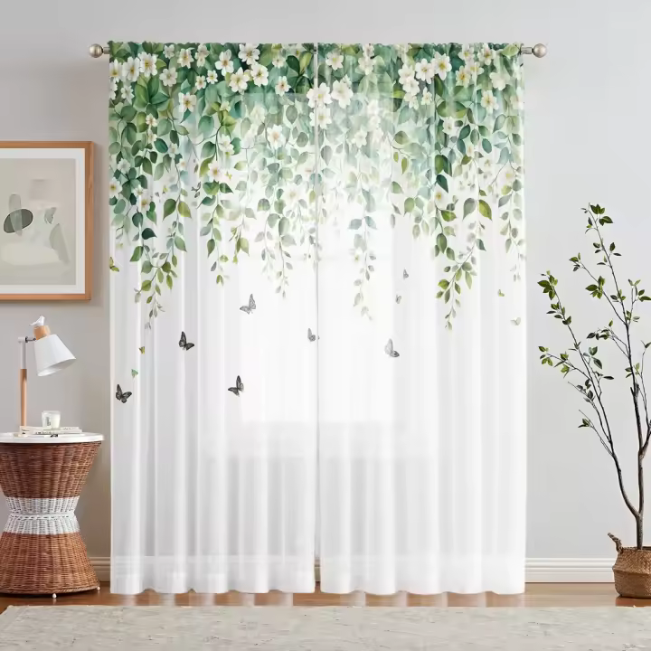 2 Piezas Cortinas De Ventana Decorativas Con Estampado De Planta Y Mariposa HD Digital Para Estilo Rústico Dormitorio Y Sala De Estar - 1