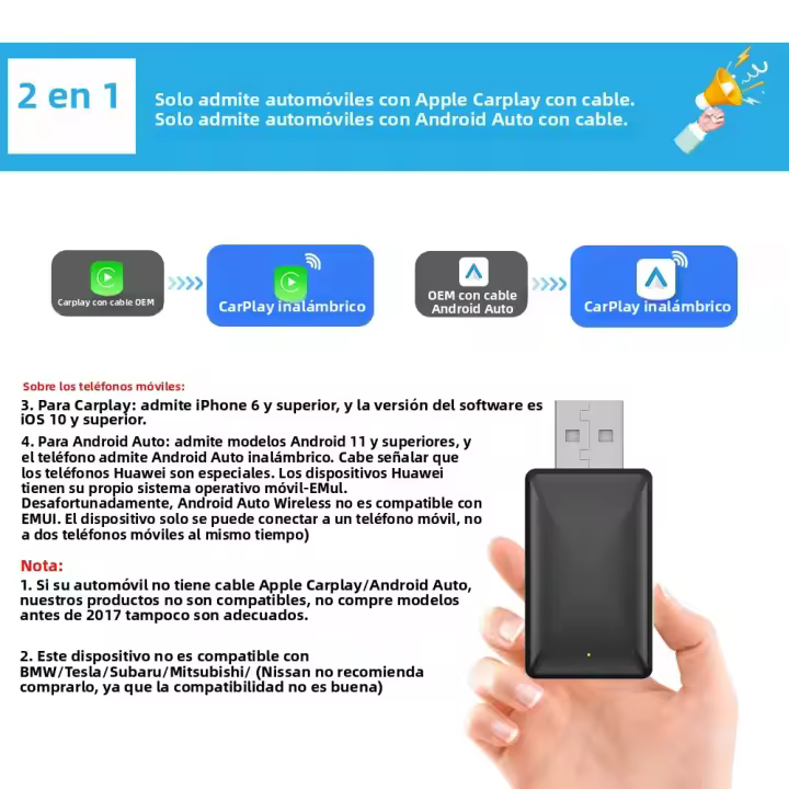 Adaptador 2en1 Wireless Android Auto Carplay Para Honda Accord Civic Ridgeline CR-V Odyssey Clarity Fit HR-V Dongle Inteligente Plug And Play - 1