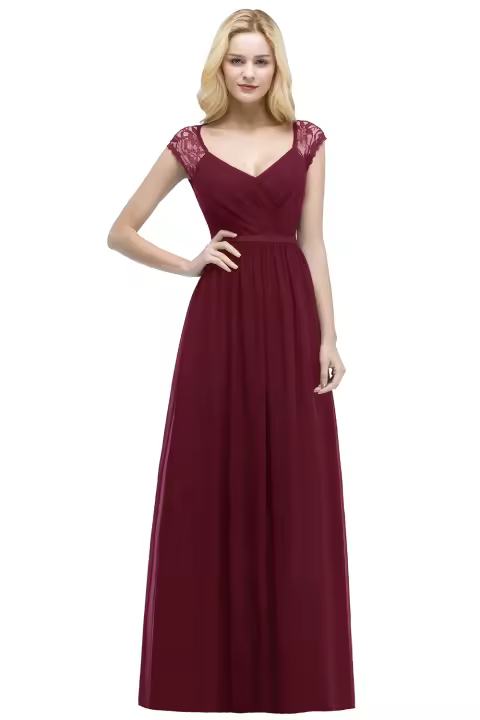 Vestido De Noche De Encaje Chiffon Negro Para Mujer Vuelta En V Espalda Descubierta Manga Corta Burgundy Navy Blue Vestidos Formal Boda Fiesta - 1