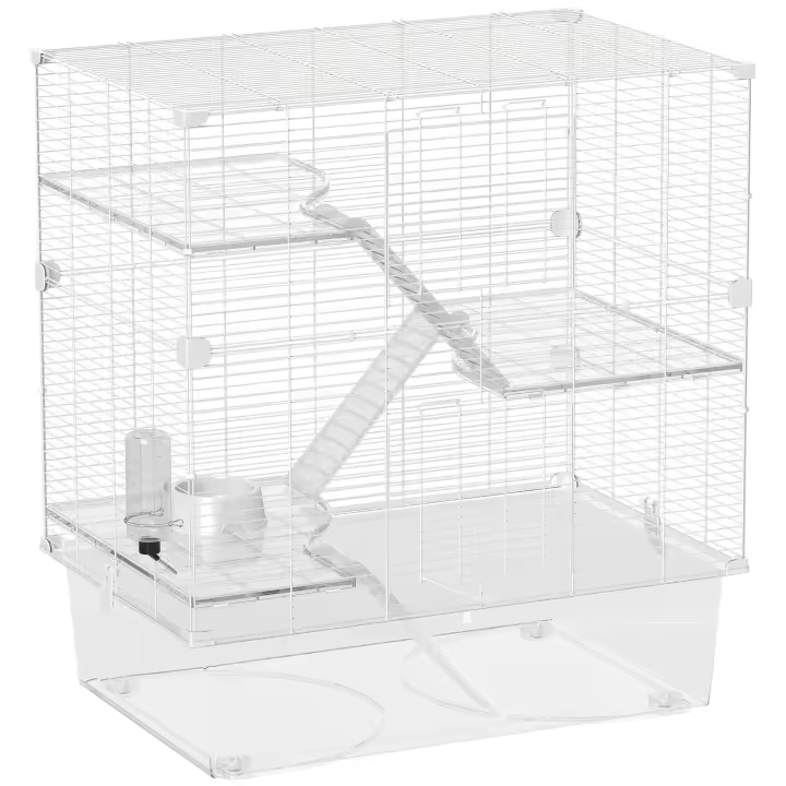 PawHut Jaula para Hurones de 4 Niveles con Bandeja Inferior Jaula para Roedores con Rampas Comedero y Bebedero Recinto para Chinchillas 73x47x80 cm Blanco - 1