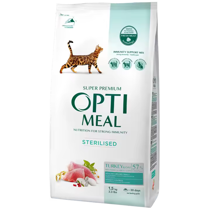 Pienso seco completo para gatos adultos esterilizados OPTIMEAL - pavo y avena 1,5 kg - Nutrición súper premium para un sistema inmunológico fuerte y una mascota saludable - 1