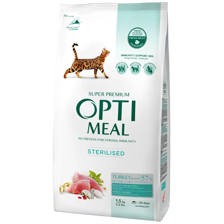 Pienso seco completo para gatos adultos esterilizados OPTIMEAL - pavo y avena 1,5 kg - Nutrición súper premium para un sistema inmunológico fuerte y una mascota saludable - 1