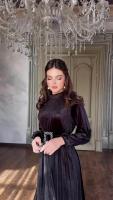 Vestido De Noche De Lujo 2024 Para Mujeres Elegantes Diseñador Invierno Velours Vestidos Con Cinturón Para Damas Del Medio Oriente A-Line Cuello En V Manga Regular Largo Hasta La Rodilla - details 0