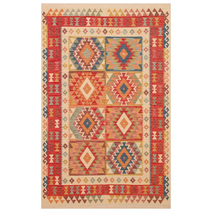 OTTOMAN - ALFOMBRA  KILIM NOMADA NMD 903 RED- kilim auténtico  suave al tacto, reversible y lavable, elaborados con algodón reciclado. Varias medidas. - 1