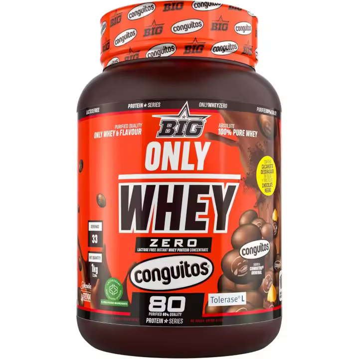 BIG - Proteínas Whey en Polvo para Masa Muscular y Recuperación, Máxima Calidad, Materia Prima Premium Patentada, Sin Lactosa, Sin Azúcar, Sin Grumos (1Kg, Conguitos Original y Conguitos Blancos) - 1