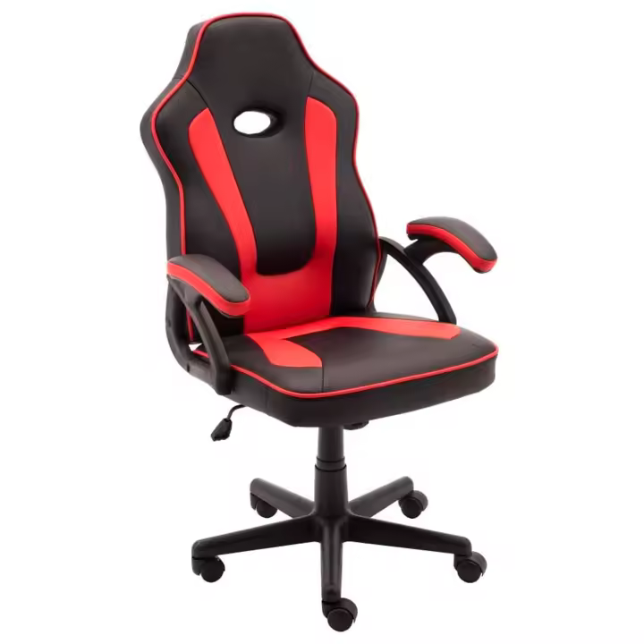 Silla gaming ergonómica de cuero sintético, negro y rojo, silla de oficina giratoria con ruedas, altura e inclinación ajustables, escritorio, gamer, videojuegos - 1