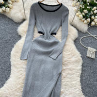 Vestido De Punto Para Mujer REALEFT Otoño Invierno Con Abertura Lateral Y Cuello Redondo Manga Larga Solido Vestido Recto De Oficina - details 16