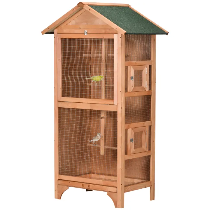 PawHut Jaula para Pájaros Pajarera de Madera con 3 Puertas 4 Perchas Bandeja Extraíble y Techo Asfáltico 80,5x57x153 cm - 1