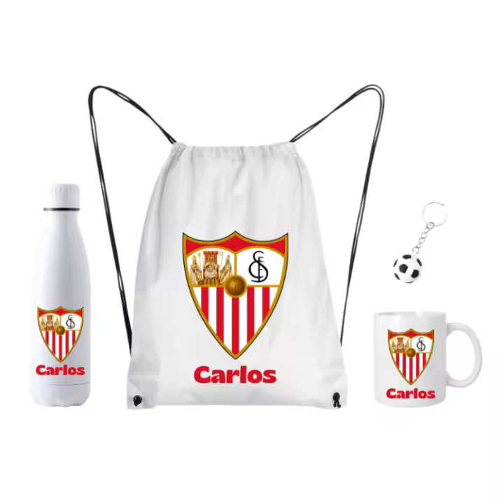Lote Sevilla FC Mochila + Botella termo acero700ml + taza cerámica 350ml - (DEJAR NOMBRE EN CHAT O NOTAS) Escudo Sevilla FC + nombre - Regalo - Regalo para fans de futbol - 1