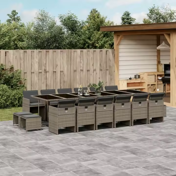 vidaXL Set comedor de jardín 17 pzas y cojines ratán sintético gris - 1