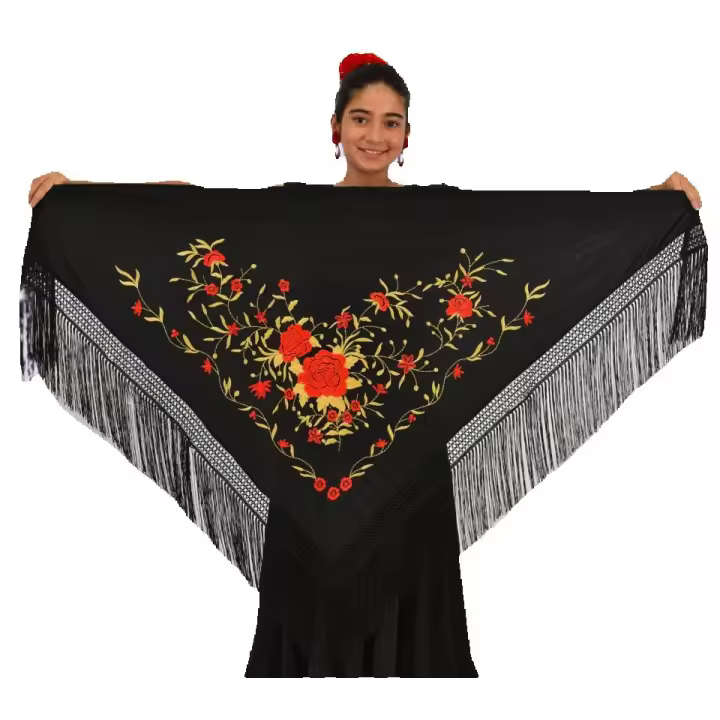 Mantón mediano color negro con bordado rojo y dorado Anuka - 1