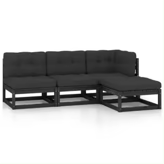 VIDAXL 3076538 juego de muebles para jardín de 4 piezas con cojines fabricado en madera de pino maciza en color negro y gris vida xl - 1