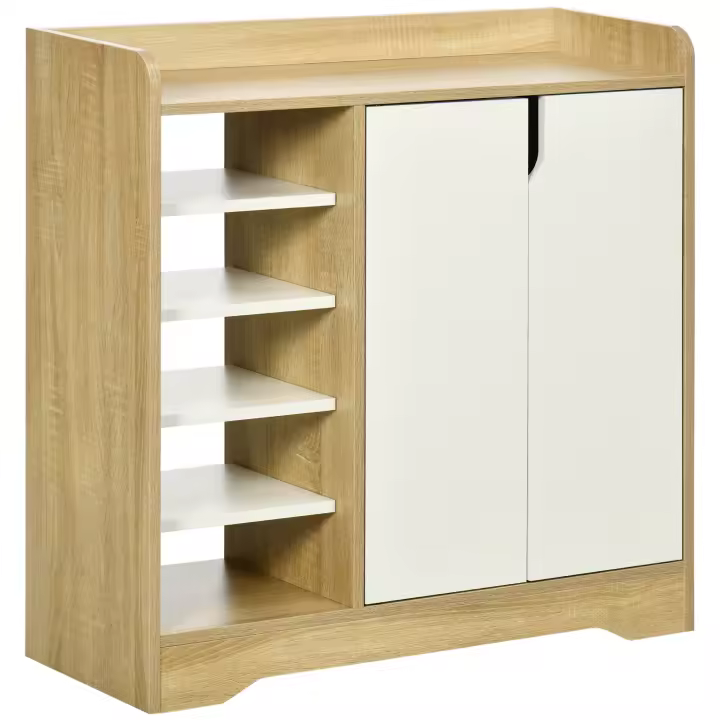 HOMCOM Mueble Zapatero Moderno Zapatero Estrecho con 2 Puertas Estantes de Almacenamiento para 13 Pares de Zapatos para Entrada Pasillo 80x30x80 cm Natural y Blanco - 1
