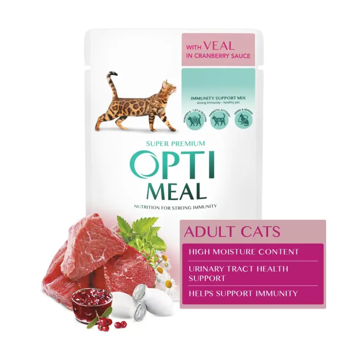 Comida húmeda completa para gatos adultos OPTIMEAL con ternera en salsa de arándano ,Pack 12*85g - 1