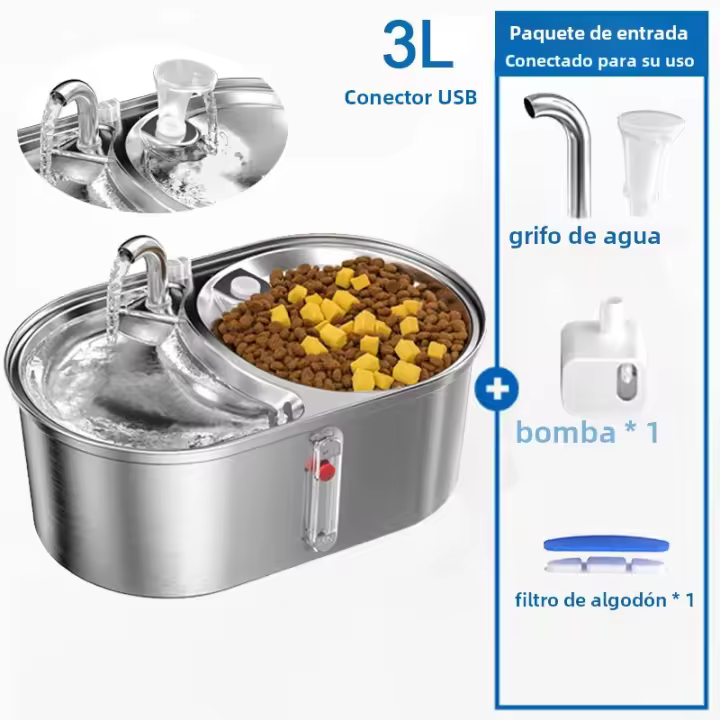 Dispensador De Agua Para Gatos 3L Con Doble Cuenco Acero Inoxidable Gran Capacidad Dispensador De Bebida Inteligente Para Perros Y Gatos - 1