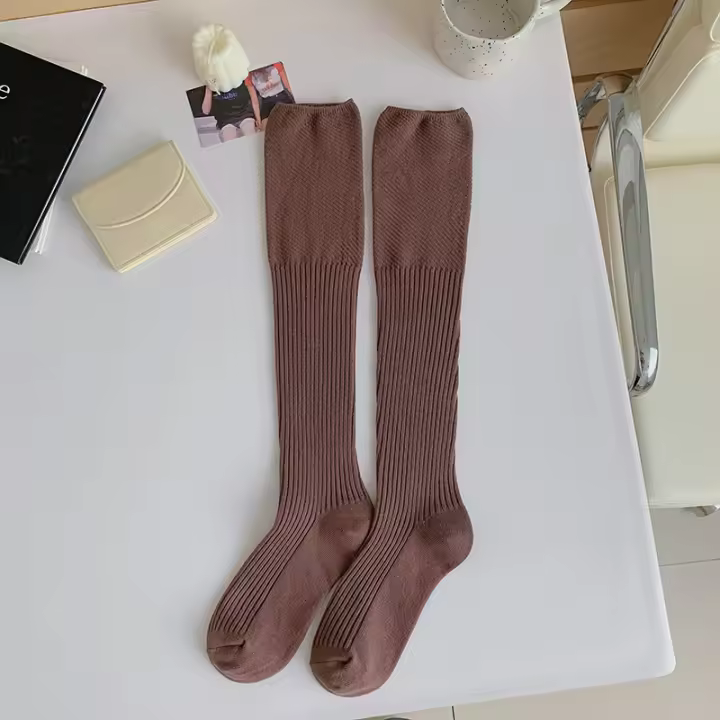 Calcetines Largos De Piel De Rodilla Para Mujer Estilo Japonés Nuevos Para Otoño E Invierno Tejidos En Espandex Y Algodón Con Rayas Doble Agujero Para Calor - 1