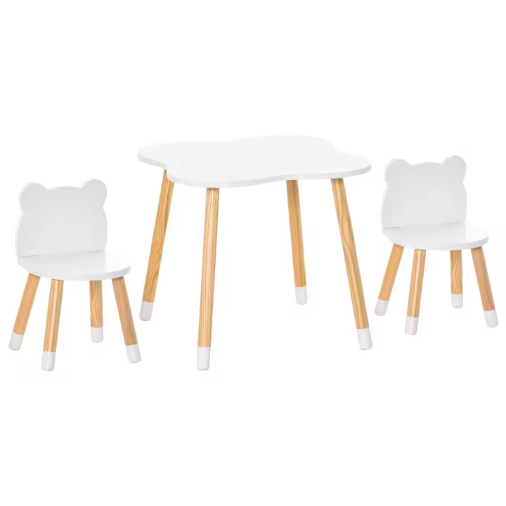 HOMCOM Juego de Mesa Infantil y 2 Sillas de Madera Muebles para Sala de Juego y Dormitorio de Niños Mesa 56x56x50 cm y Sillas 28x25x46 cm Natural y Blanco - 1