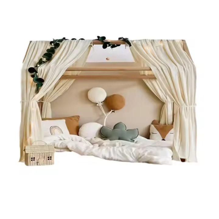 MOV-Cortina de cama de estilo nórdico popular de ins, cortina de cama opaca de crepé de algodón puro de doble capa para cama de niños, cortina para cama de bebé - 1