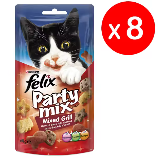 Felix Purina Party Mix Grill, Snack, premio para Gato con Buey, Pollo y Salmón, 8 bolsas de 60g - 1