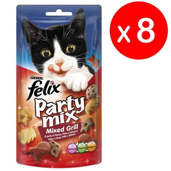 Felix Purina Party Mix Grill, Snack, premio para Gato con Buey, Pollo y Salmón, 8 bolsas de 60g - 1