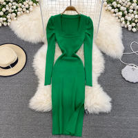 Vestido REALEFT De Mujer Otoño Invierno Con Cuello Cuadrado Manga Larga Y Acolchado De Puff Trasero Lateral Split Midi Casual - details 20
