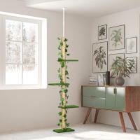 PawHut Árbol para Gatos del Suelo al Techo 37x21x202-242 cm Torre para Gatos con Altura Ajustable 4 Plataformas de Césped Artificial Hojas Artificiales y Poste de Yute Verde - details 1