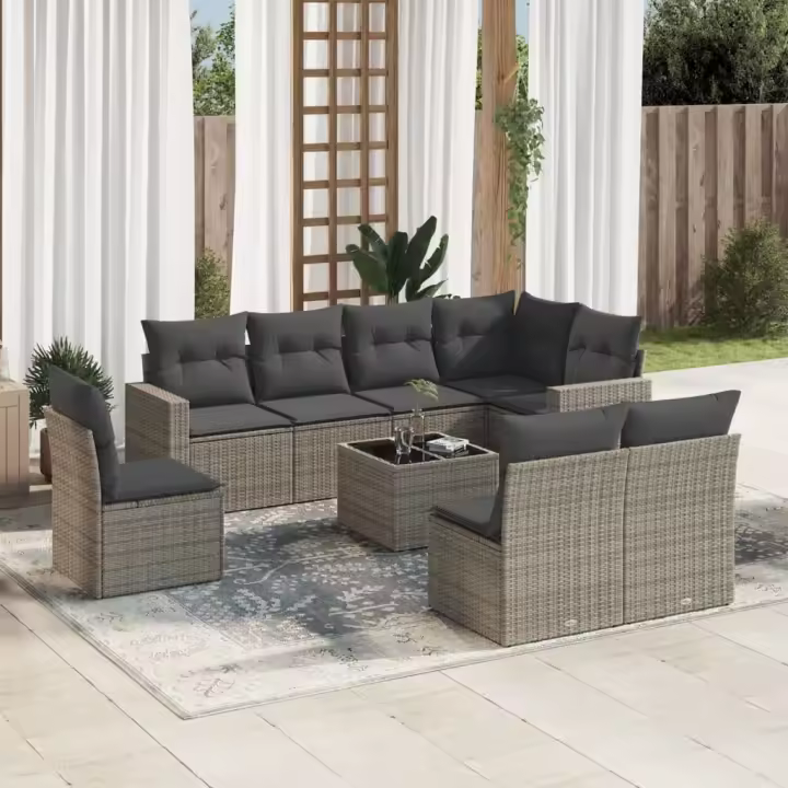 vidaXL Set de muebles de jardín 9 pzas y cojines ratán sintético gris - 1