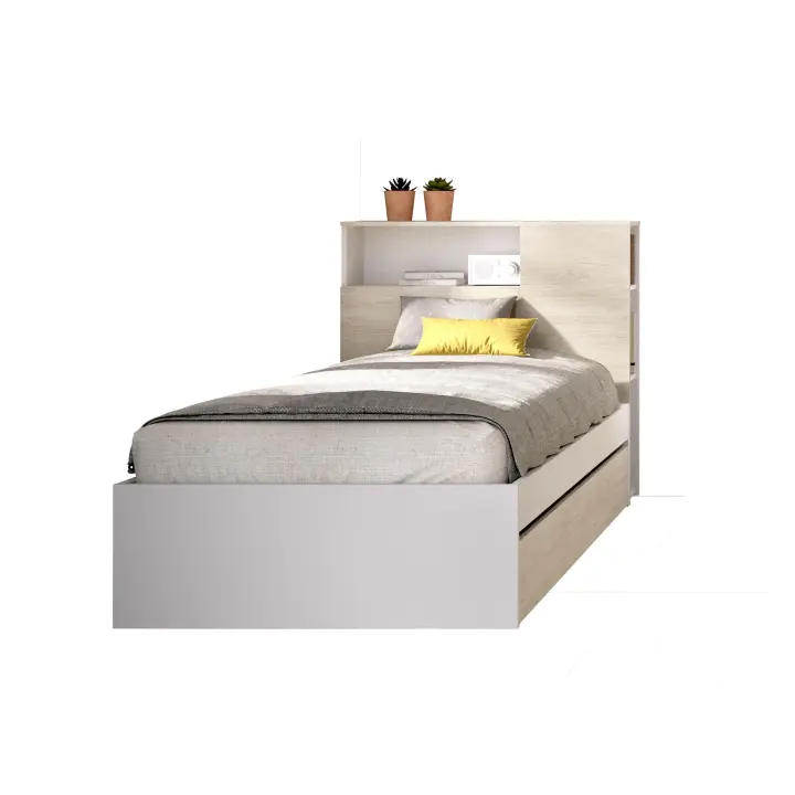 DEKIT GRUPO RIMOBEL TEN - CAMA CON CABEZAL Y ARO DE CAMA DE 90X190 CON ARRASTRE - BLANCO / NATURAL - 96 x 99 x 218,2 - 1