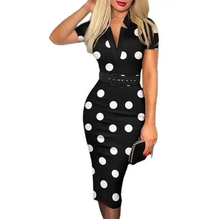 Vestido Lápiz Elegante Con Cuello V Y Cinturón Para Mujer Vestido De Oficina De Corte Recto Manga Larga Impresión Completa - 1