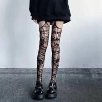 Medias De Red Hueca Lolita Góticas Para Mujer Moda Halloween Negras Translúcidas Medias Hasta La Rodilla Con Garter - details 2