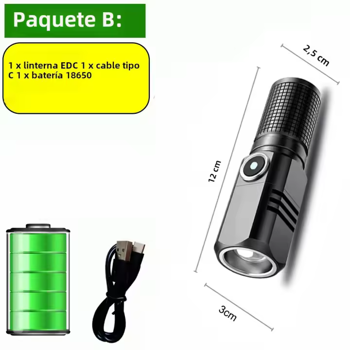 Linterna LED Mini Potente XHP90 Con Batería Integrada Tipo-C Recargable EDC Torcha Lámpara Para Camping Resistente Al Choque Y Agua Luz > 350 Lumen Distancia De Iluminación > 500 Metros - 1