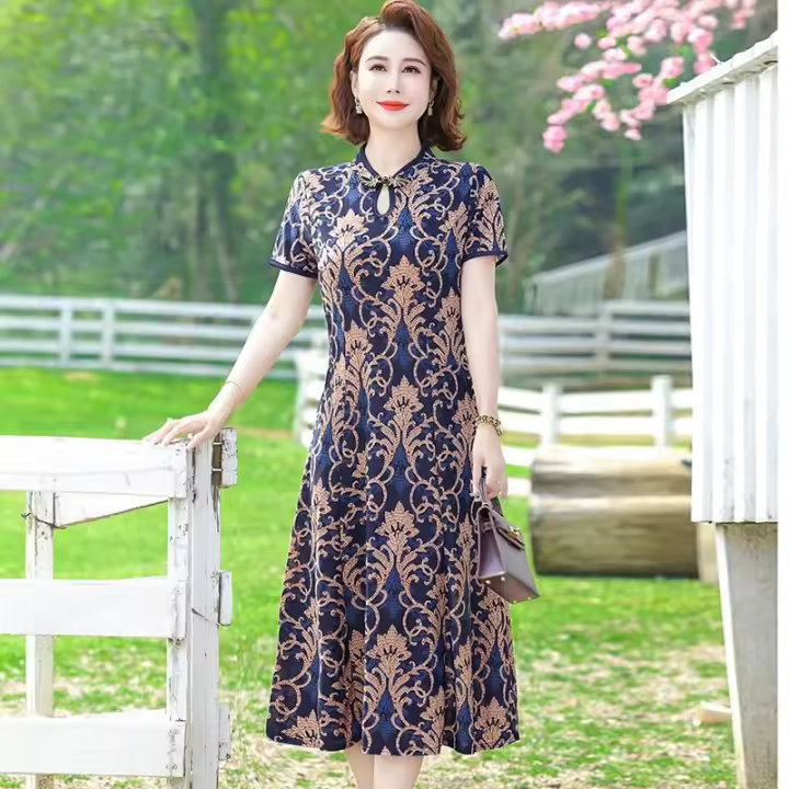 Vestido Qipao Corto Para Mujer Estilo Étnico Retro De Verano Con Impresión Floral Largo Hasta La Rodilla Vestido De Fiesta Indie Folk - 1