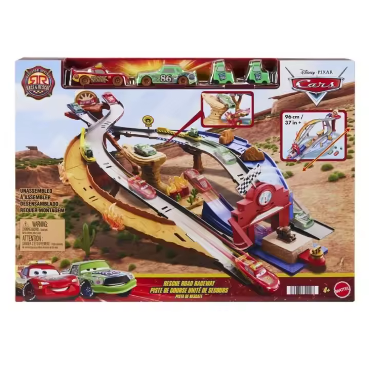 Mattel Disney Pixar Cars Rescate a toda máquina en Radiador Springs Circuito de carreras de rescate Conjunto con Rayo McQueen y Chick Hicks con 2 vehículos del equipo de Pitties (JFL57) - 1
