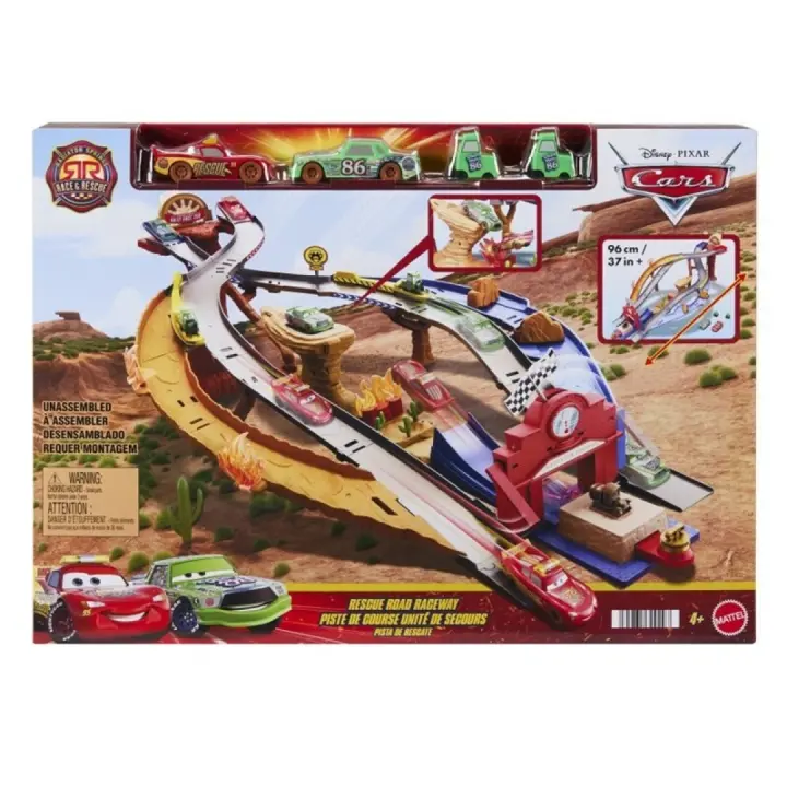 Mattel Disney Pixar Cars Rescate a toda máquina en Radiador Springs Circuito de carreras de rescate Conjunto con Rayo McQueen y Chick Hicks con 2 vehículos del equipo de Pitties (JFL57) - 1