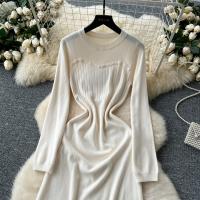 Vestido Rosa Francés De Estilo Simple Para Damas Con Cuello En V Manga Larga Sólido Suave Ajustado Casual De Otoño Vestido Largo De Hogar - details 18