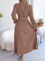 Vestido Largo Elegante Para Mujer Con Cuello En V Manga Larga Pleated Maxi Con Cinturón Estilo Casual De Pierna Larga - details 50
