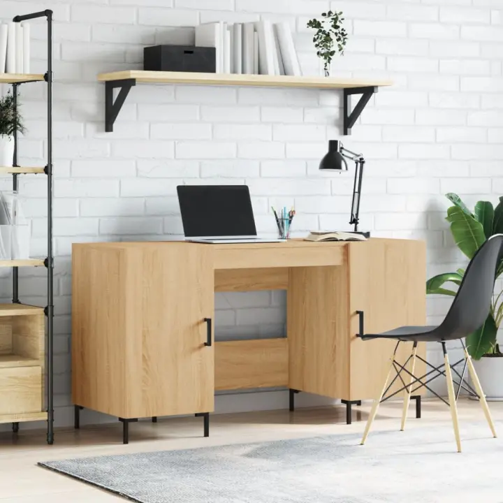 vidaXL Escritorio madera de ingeniería 140x50x75 cm en color Roble Sonoma/Blanco/Blanco brillante | estructura resistente ideal para salón dormitorio o estudio - 1