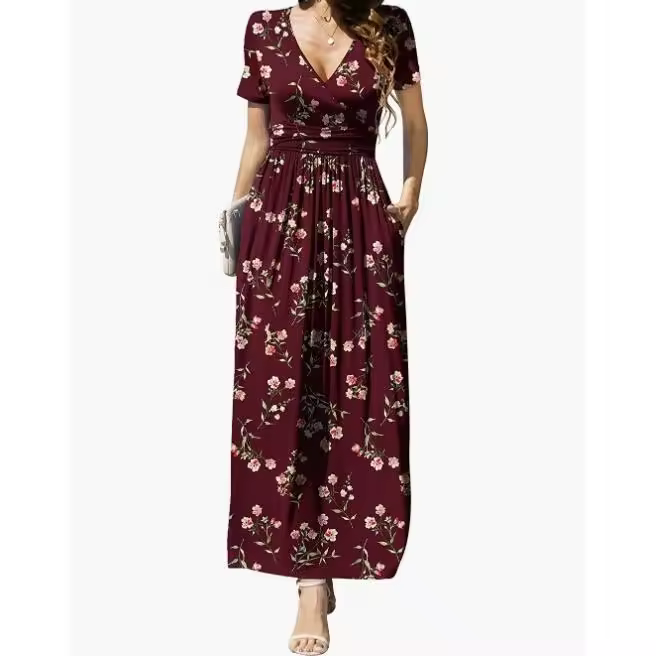 Vestido de verano para mujer de manga corta con cinturón envolvente Bolsillos Vestido largo informal con cuello en V. - 1