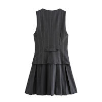New Women's Wide Pleated Short Dress V-Neck Sleeveless Vest Stripe Mini Dress Fashion Office Clothes Junior Size A-Line Silhouette - details 1