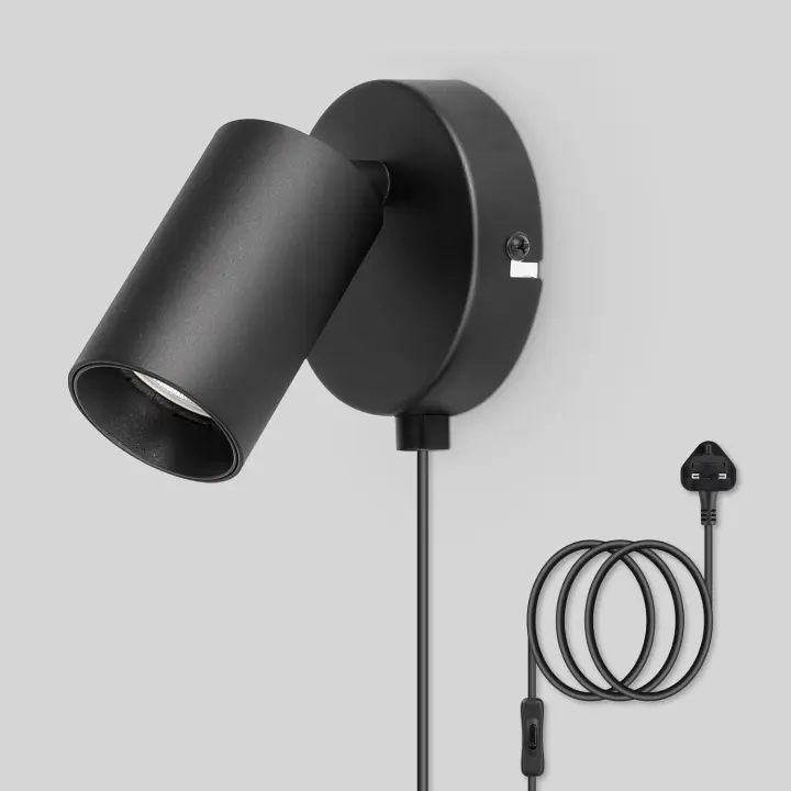 Aplique de pared con enchufe negro e interruptor - Cable de enchufe para aplique de pared giratorio 350° - Aplique de pared para interiores de 10 W - Bombilla no incluida - 1