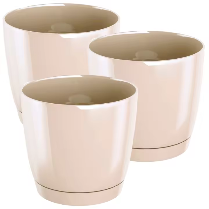 3x Maceta redonda de plastico WELLHOME Coubi Round P en color crema 12 (largo) x 12 (ancho) x 11 (altura) cm - 1