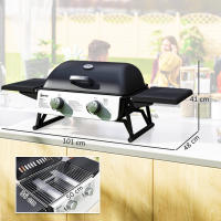 Outsunny Barbacoa de Gas con 2 Quemadores de Acero Inoxidable 2,8 KW Barbacoa Portátil con Mesas Laterales Plegables Bandeja Extraíble y Termómetro para Pícnic Camping 101x48x41 cm Negro - details 2