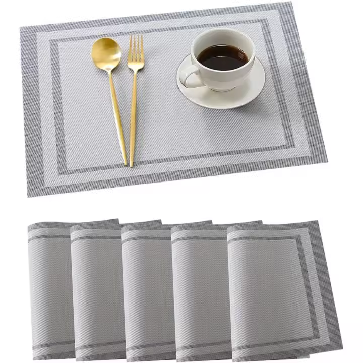 Juego de 6 manteles individuales de PVC antideslizantes, resistentes al calor, lavables y tejidos para mesa de cocina (11,8 x 17,7 pulgadas, color plateado) - 1