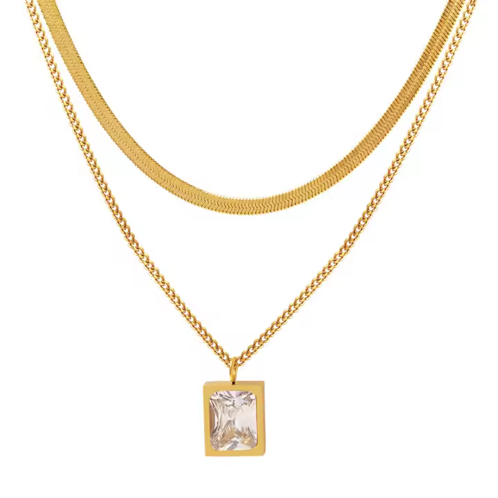 Simple personalidad de apilamiento collar de Doble Cadena Colgante de circio con La hoja de afeitar Cadena de Maple de Titanium Chapado en Gold resistant to color - 1