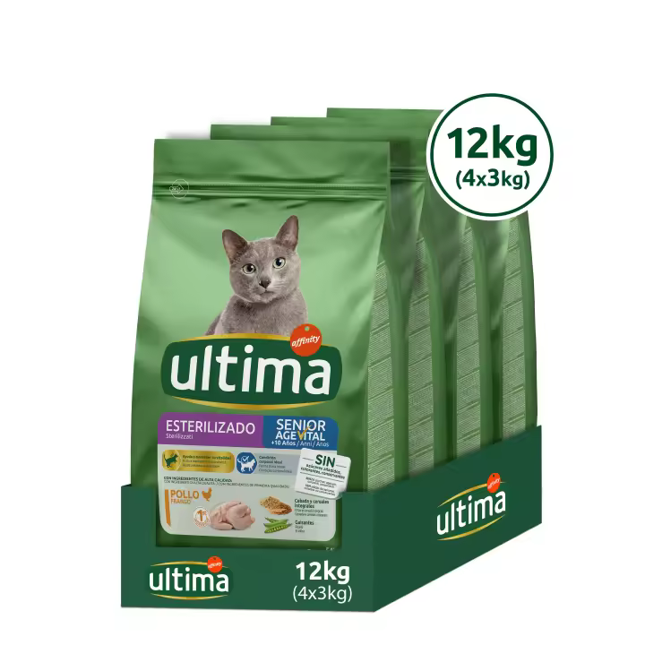 Ultima Esterilizado Senior Pollo, Comida Seca para Gatos. Pack de 4 Paquetes de 3 kg (12kg en total) y 10KG - 1
