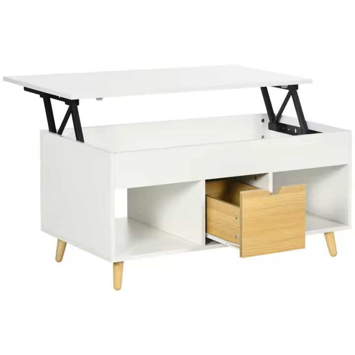 HOMCOM Mesa de centro rectangular con tablero elevable, 1 cajón, 2 nichos y cajón - madera clara y efecto blanco - dim.100L x 50W x 49H cm - 1