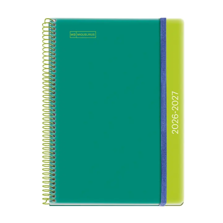 Miquelrius MR21189 Agenda escolar 2026 2027 día página 12 meses, Tamaño A5+ (15×21,3 cm), Polipropileno, Espiral metálico a color, Cierre de goma, Cantos redondeados, Stickers, Catalán-EN, Green-Lime - 1