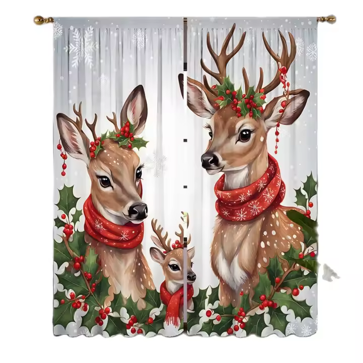 2pcs Cortinas Decorativas De Navidad Con Dibujo De Ciervo Y Fruta Roja Estampadas Digitalmente Cortinas De Casa Estilo Pastoral - 1
