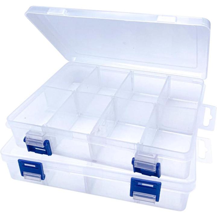 Clear storage box with compartments - set of 2 - adjustable dividers - 8 compartments - plastic organizer for beads, screws and jewelry - clear